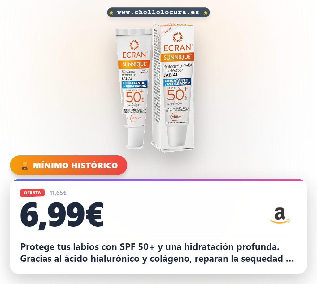 Aprovecha el bálsamo labial Sunnique SPF 50+ con ácido hialurónico y colágeno para hidratar tus labios al mejor precio