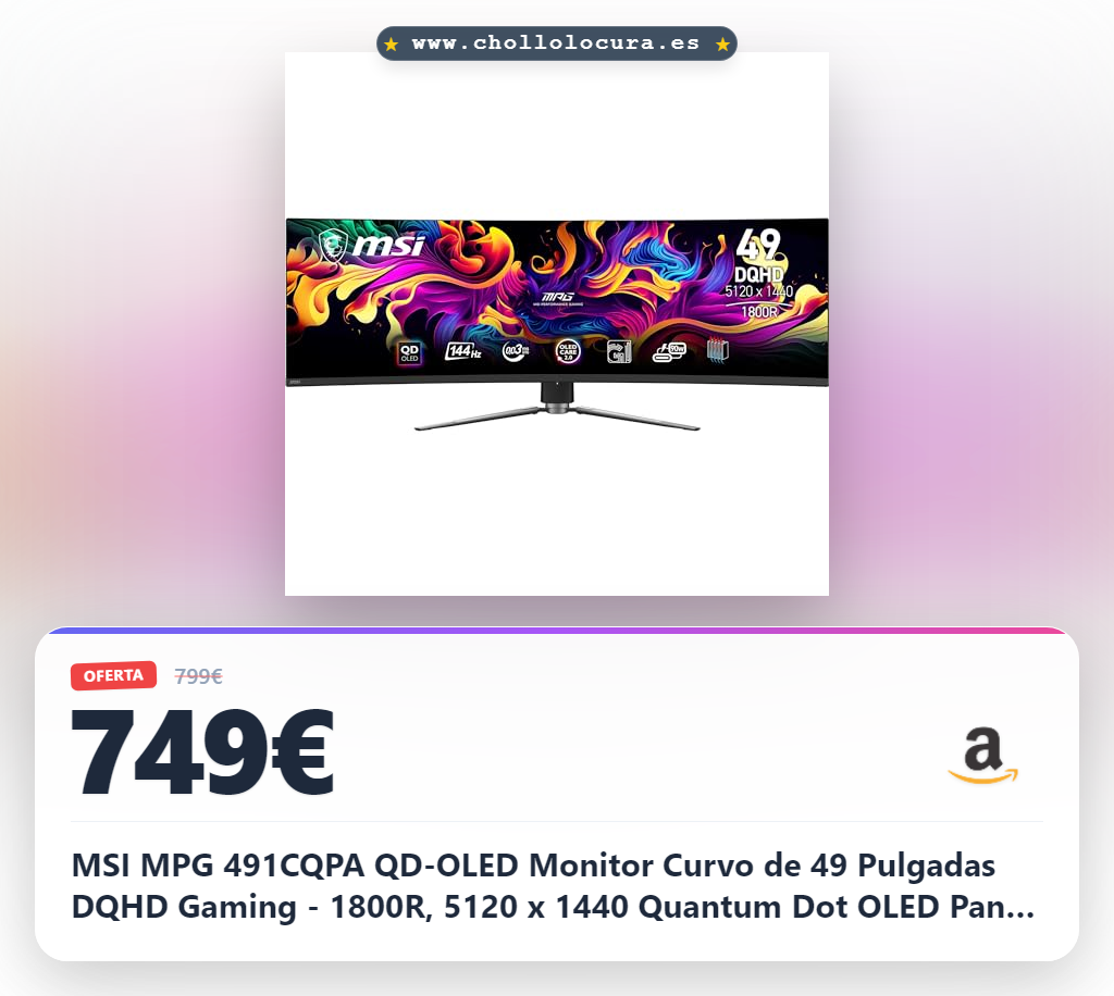 MSI MPG 491CQPA QD-OLED Monitor Curvo de 49 Pulgadas DQHD Gaming - 1800R, 5120 x 1440 Quantum Dot OLED Panel, 240Hz/0.03ms, 99% DCI-P3, ΔE ≤2,DisplayHDR True Black 400, KVM - DP 1.4a, HDMI 2.1