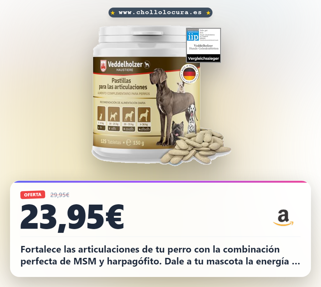 Aprovecha los comprimidos Veddelholzer para articulaciones con MSM y harpagófito al mejor precio para fortalecer a tu perro