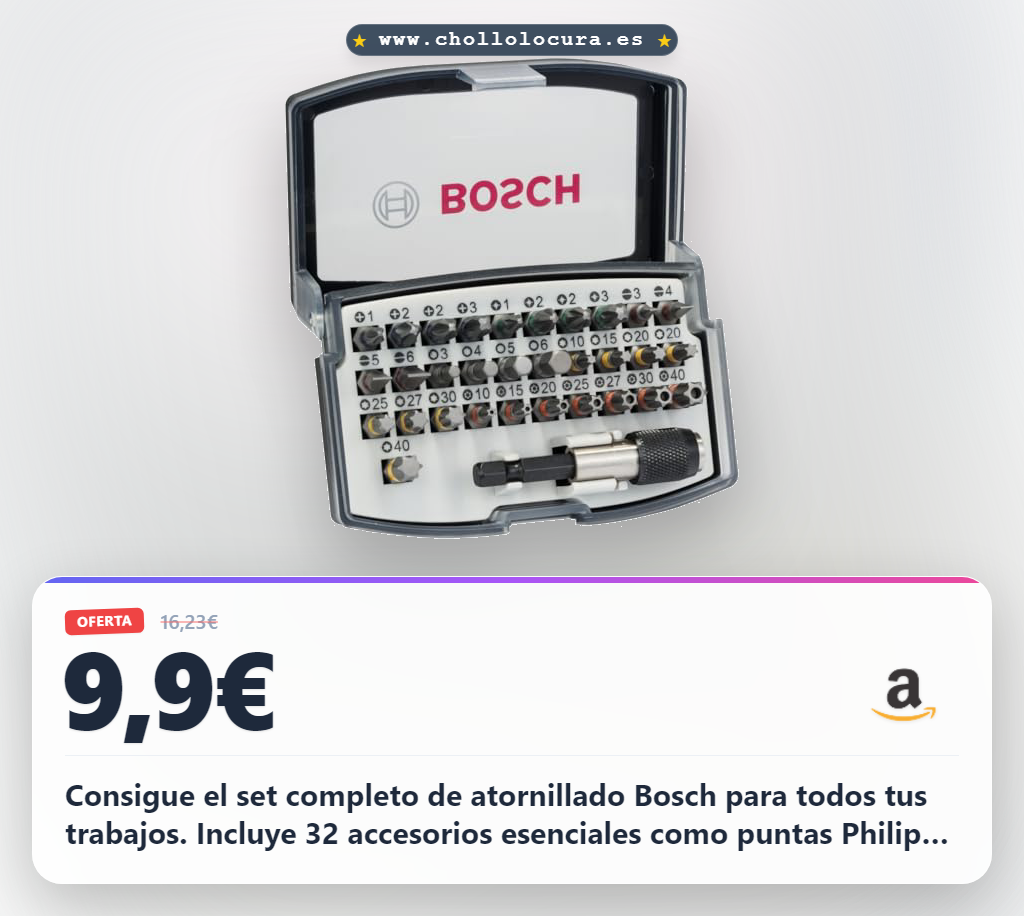Aprovecha el set completo de 32 accesorios Bosch para atornillar con puntas Torx y Pozidrive al mejor precio