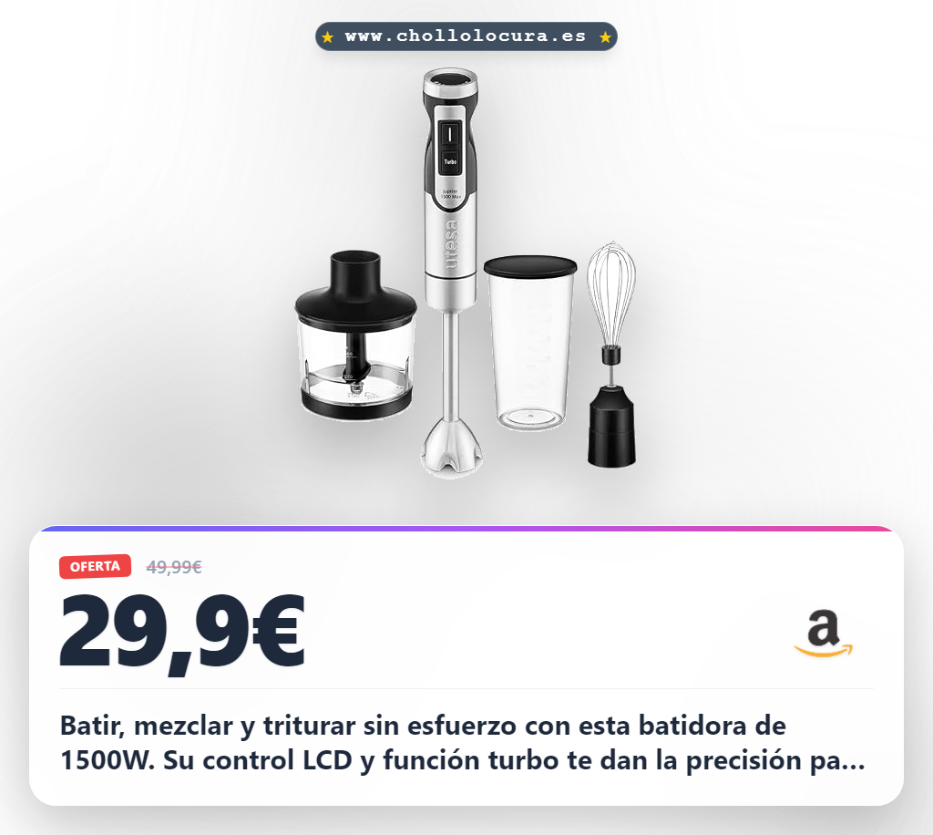 Batir, mezclar y triturar sin esfuerzo con esta batidora de 1500W. Su control LCD y función turbo te dan la precisión para resultados perfectos. Las cuchillas de acero inoxidable garantizan texturas suaves y un uso cómodo. Incluye todo el set para que tu cocina quede lista.