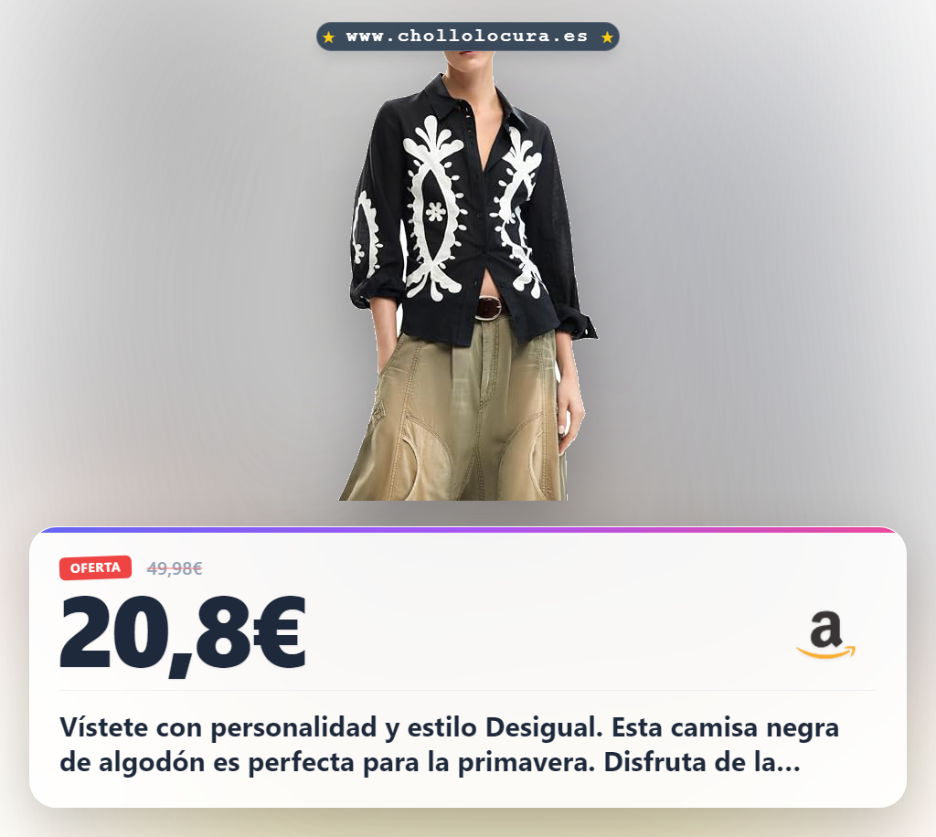 Ahorra en la Camisa Desigual de Manga Larga para Mujer en Negro, 100% Algodón, Colección Primavera-Verano