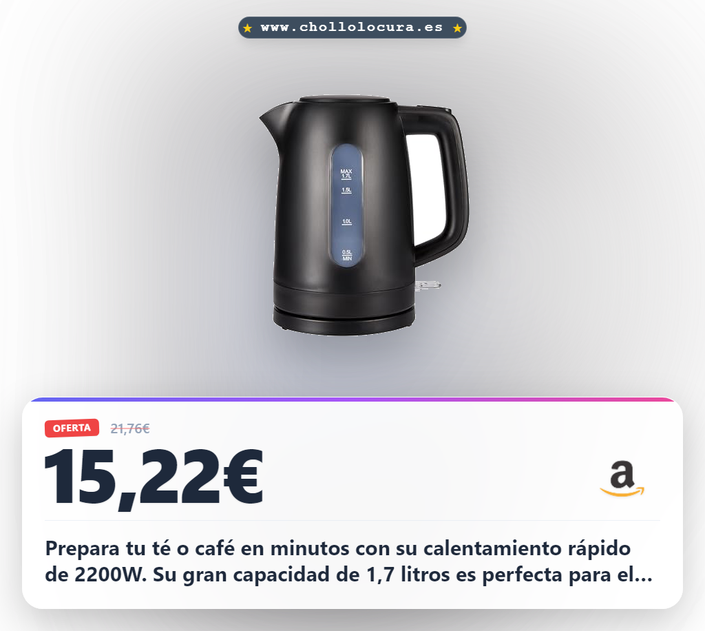 Consigue el hervidor de agua eléctrico 1,7L 2200W libre de BPA con base 360° al mejor precio del año en oferta
