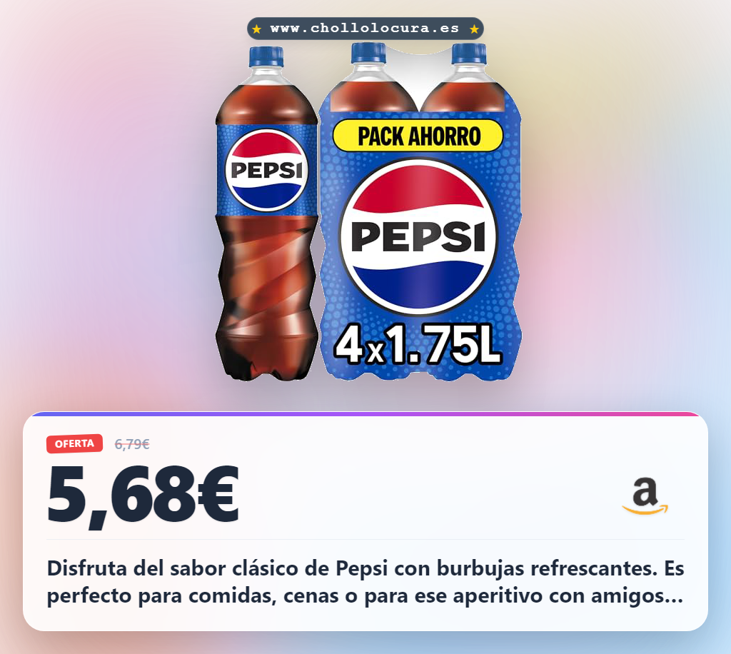 Aprovecha los packs de 4 botellas de Pepsi regular 1.75L. El refresco de cola clásico en oferta histórica.