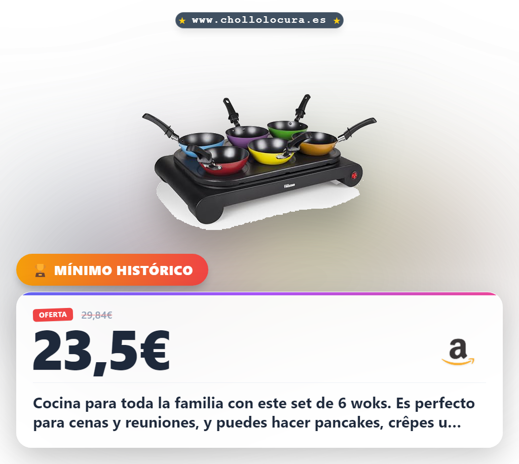 Aprovecha el set wok Tristar para 6 personas con sartenes de colores y parrilla multifunción en oferta