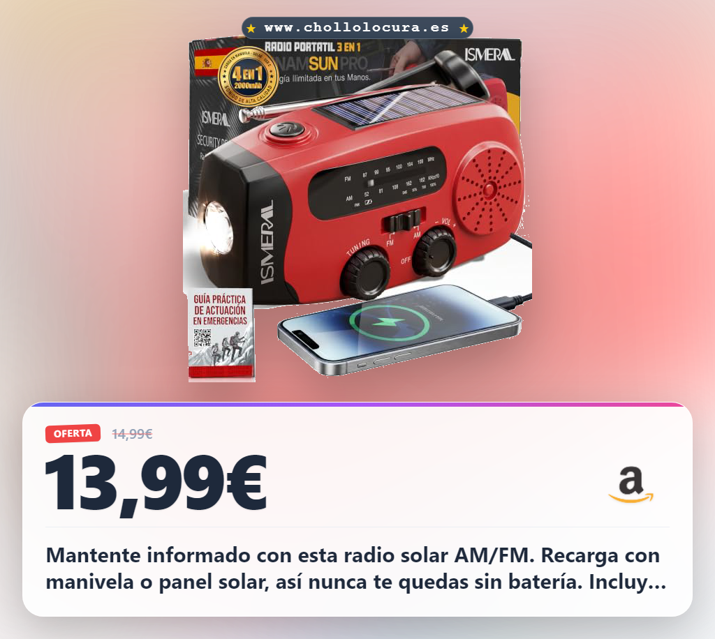 Aprovecha esta radio solar de emergencia AM/FM con linterna LED y botón SOS. Kit de supervivencia compacto al mejor precio.