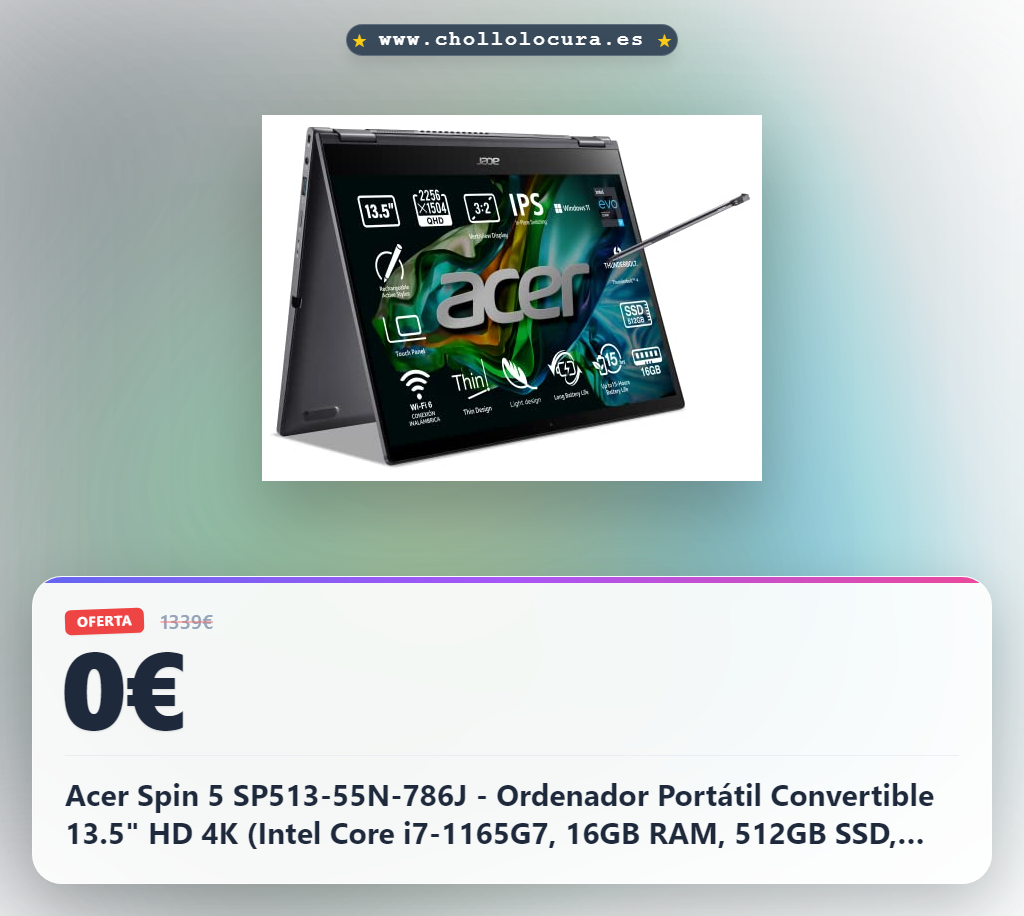 Acer Spin 5 SP513-55N-786J - Ordenador Portátil Convertible 13.5" HD 4K (Intel Core i7-1165G7, 16GB RAM, 512GB SSD, Intel Iris Xe Graphics, Windows 11 Home) Gris - Teclado QWERTY Español