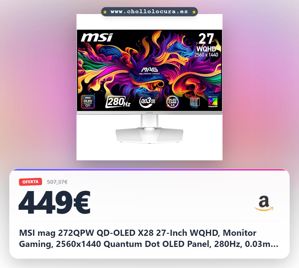 MSI mag 272QPW QD-OLED X28 27-Inch WQHD, Monitor Gaming, 2560x1440 Quantum Dot OLED Panel, 280Hz, 0.03ms, DisplayHDR True Black 400, HDMI 2.1, DP 1.4a, USB C 15WPD, Blanco