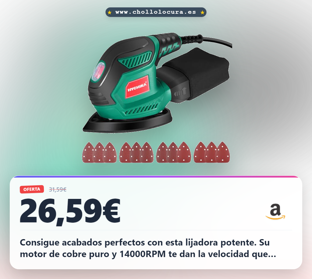 Consigue la lijadora de madera HYCHIKA 200W 14000RPM con recogida de polvo y 12 lijas a precio de chollo al mejor precio del año.