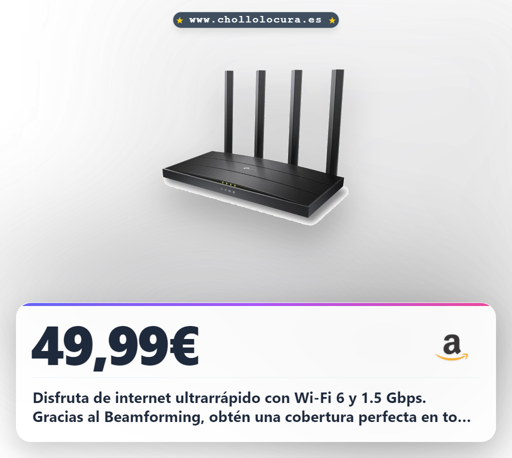 Consigue el router TP-Link Archer AX18 WiFi 6 AX1500 doble banda con 4 puertos Gigabit al mejor precio del año en oferta histórica.