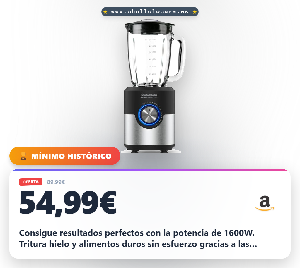Consigue batidora de vaso Taurus Power Shake 1600W con cuchillas acero inoxidable y función Turbo