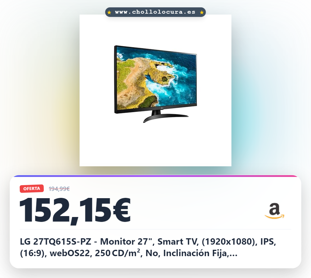 LG 27TQ615S-PZ - Monitor 27", Smart TV, (1920x1080), IPS, (16:9), webOS22, 250 CD/m², No, Inclinación Fija, 2×HDMI+1×USB 2.0, HbbTV 2.0, WiFi, Negro