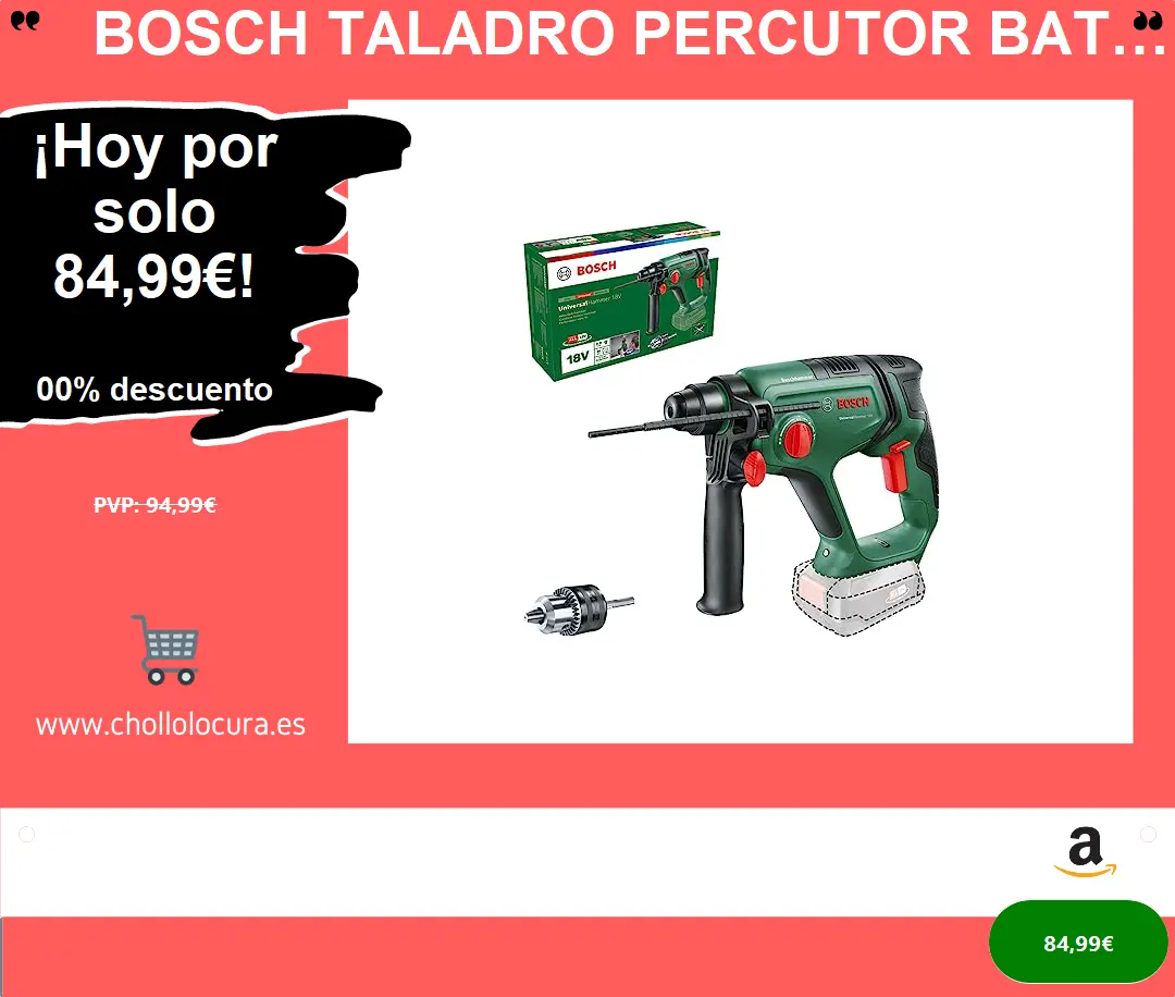 Bosch Taladro Percutor Batería Universalhammer 18V (Sin Batería, Sistema 18V; Adaptador Vástago Redondo, Taladrado/Taladrado Percutor/Cincelado; Energía De Impacto 2 J, Sds Plus, Embalaje Cartón)