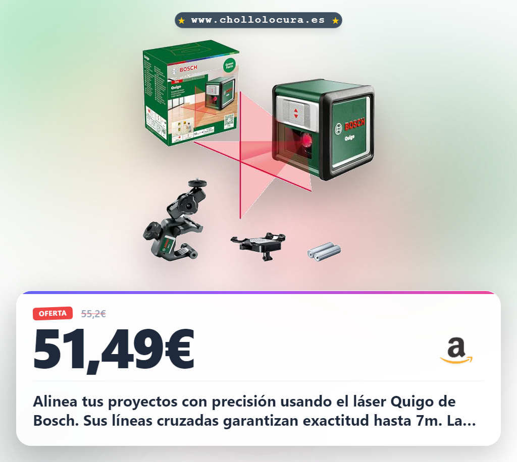 Aprovecha el Láser de Líneas Cruzadas Bosch Quigo con abrazadera universal para alineación precisa al mejor precio.