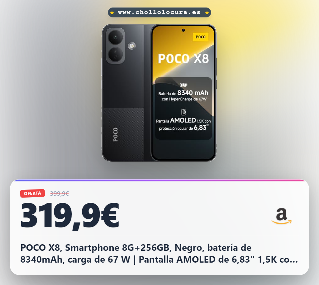 POCO X8, Smartphone 8G+256GB, Negro, batería de 8340mAh, carga de 67 W | Pantalla AMOLED de 6,83" 1,5K con protección ocular, Snapdragon® 6s Gen 4, cámara OIS de 50 MP, 3500 nits, HyperOS 3
