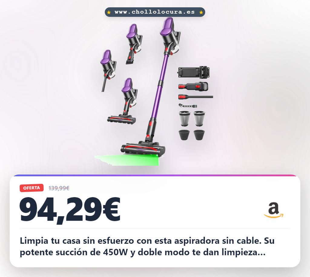 Aprovecha la aspiradora sin cable 450W con su potente succión de 45 kPa y filtros de 8 capas en oferta histórica al mejor precio del año.