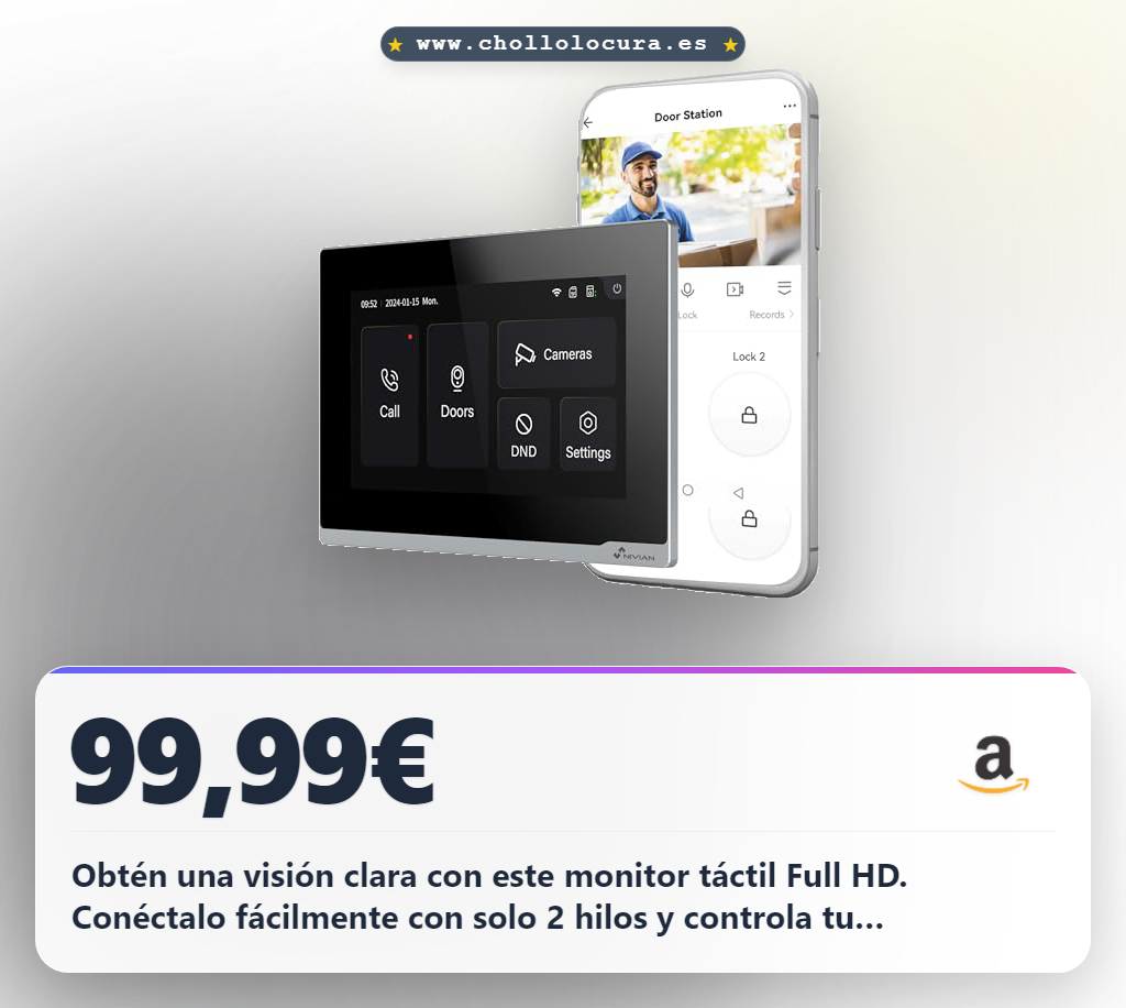 Aprovecha monitor adicional 7" táctil Full HD para videoportero inteligente con App Tuya y WiFi.