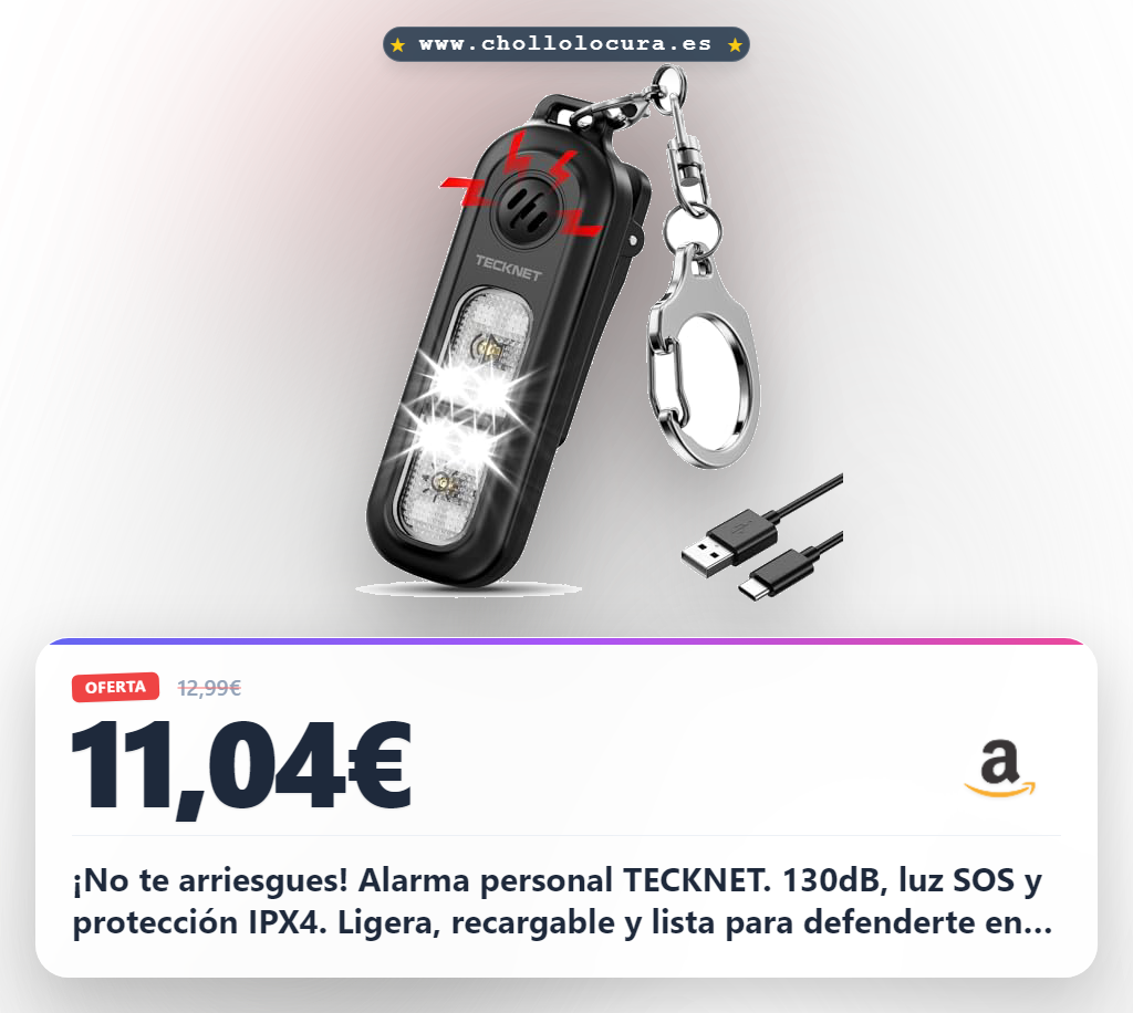 Consigue Alarma Personal TECKNET 130dB para Mujeres con Luz SOS y Protección IPX4 Recargable