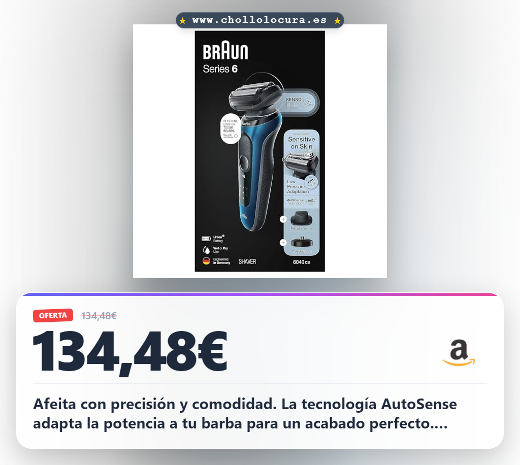 Consigue la afeitadora eléctrica Braun Serie 6 6040cs inalámbrica con soporte de carga y recortadora de precisión en oferta