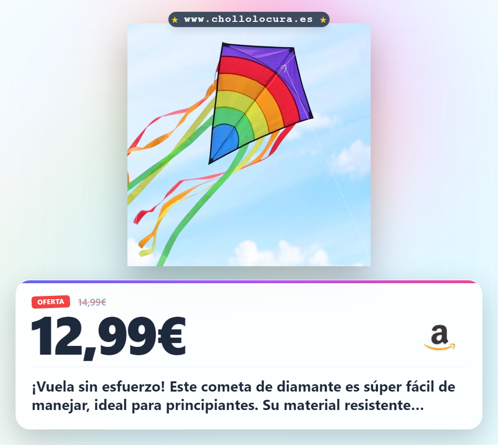 ¡Vuela sin esfuerzo! Este cometa de diamante es súper fácil de manejar, ideal para principiantes. Su material resistente soporta el agua y aguanta múltiples aventuras. Perfecto para toda la familia, te da diversión y enseña coordinación al aire libre.