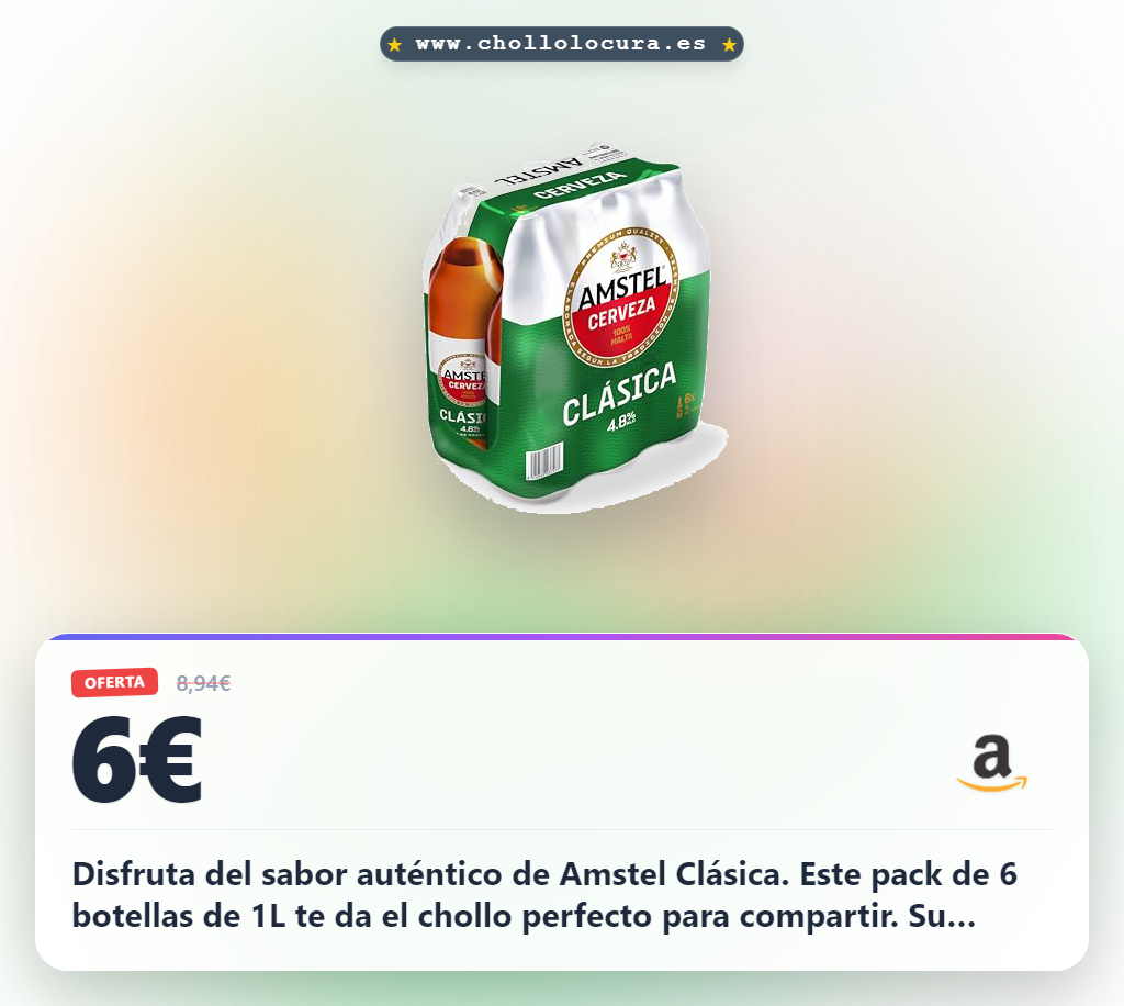 Disfruta del sabor auténtico de Amstel Clásica. Este pack de 6 botellas de 1L te da el chollo perfecto para compartir. Su cuerpo ligero y espuma blanca te esperan. ¡La cerveza que te mereces!
