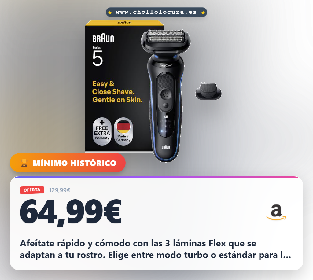 Consigue la afeitadora eléctrica Braun Series 5 con 3 láminas Flex y dos modos de afeitado al mejor precio