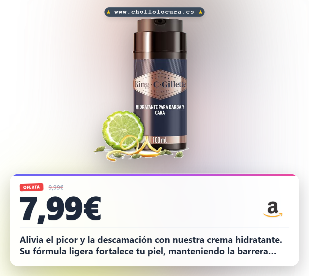 Aprovecha la crema hidratante King C. Gillette para hombre. Hidrata y alisa tu barba al mejor precio. Fórmula ligera y fragancia exclusiva.