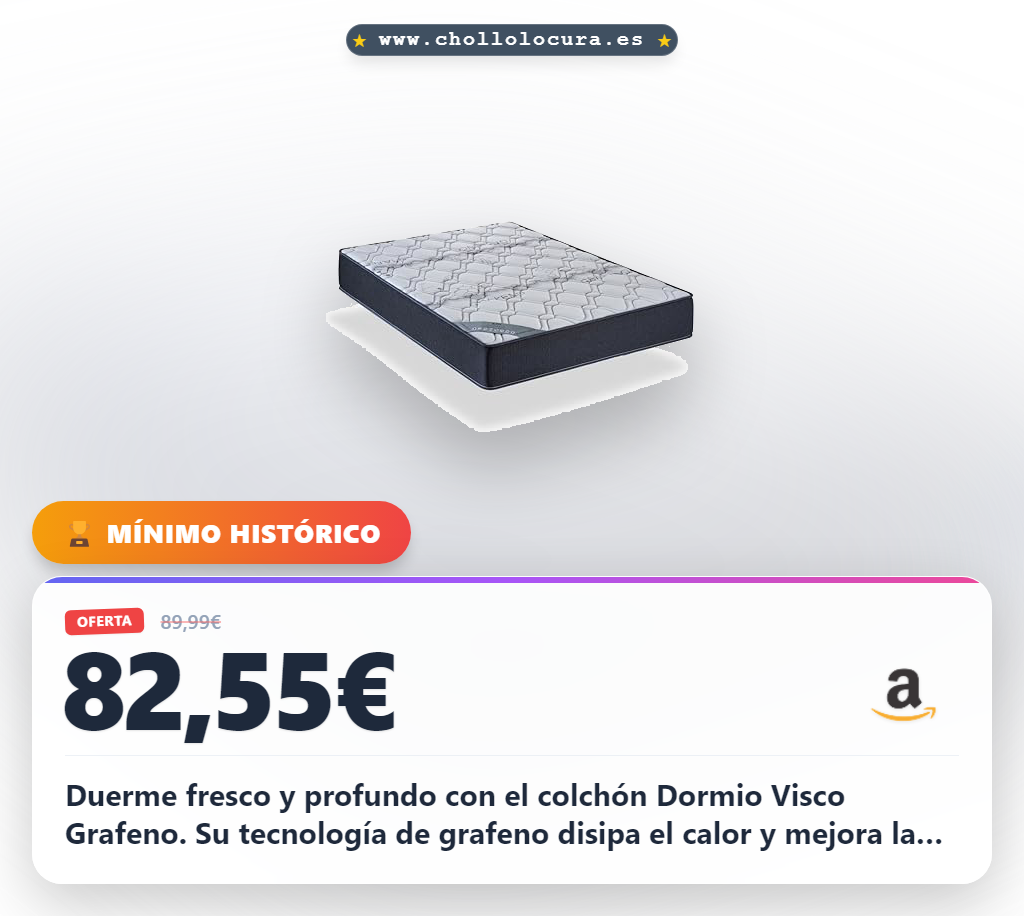 Duerme fresco y profundo con el colchón Dormio Visco Grafeno. Su tecnología de grafeno disipa el calor y mejora la transpirabilidad. La espuma viscoelástica se adapta a tu cuerpo, aliviando puntos de presión. Totalmente antiácaros y antibacteriano. Calidad española garantizada.