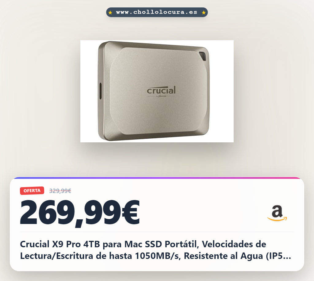 Crucial X9 Pro 4TB para Mac SSD Portátil, Velocidades de Lectura/Escritura de hasta 1050MB/s, Resistente al Agua (IP55), Disco Duro Sólido Externo, USB-C 3.2 - CT4000X9PROMACSSD9B02