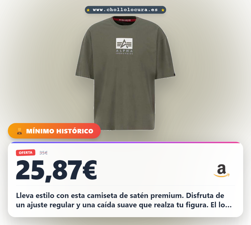 Aprovecha la camiseta satinada Alpha Industries con logo en color oliva oscuro y ajuste perfecto al mejor precio