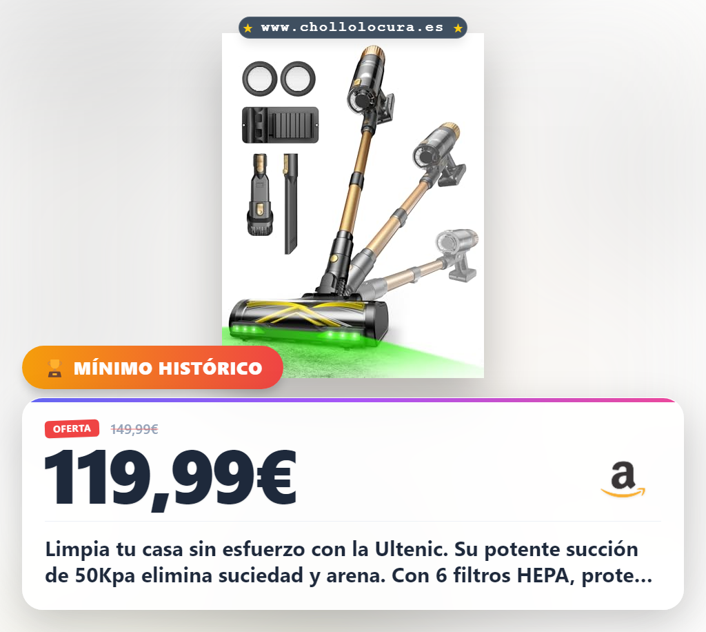 Ahorra con la Ultenic aspiradora vertical sin cable 50Kpa para mascotas. Limpia suelos duros y alfombras al mejor precio.