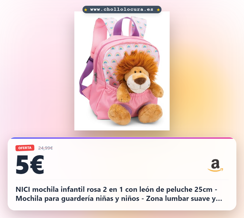 NICI mochila infantil rosa 2 en 1 con león de peluche 25cm - Mochila para guardería niñas y niños - Zona lumbar suave y correas ajustables - 49849