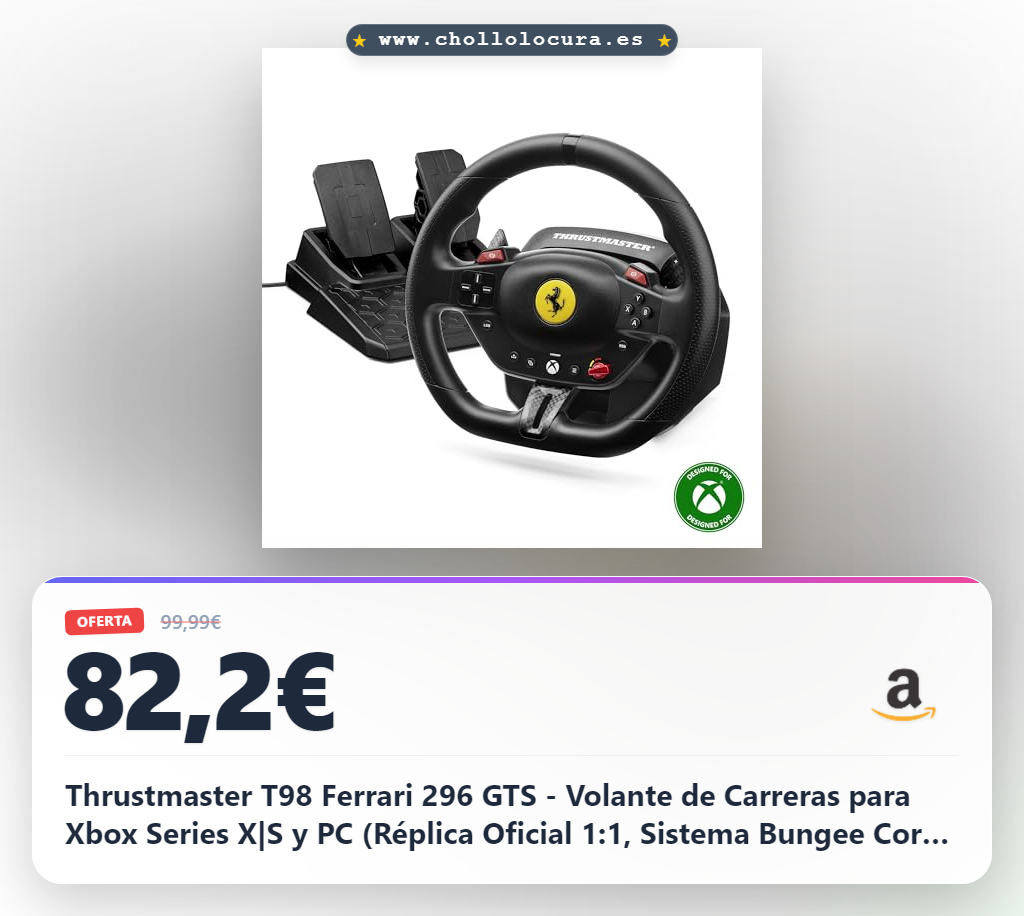Thrustmaster T98 Ferrari 296 GTS - Volante de Carreras para Xbox Series X|S y PC (Réplica Oficial 1:1, Sistema Bungee Cord de Resistencia Lineal, Incluye 2 Pedales) Negro para Xbox One