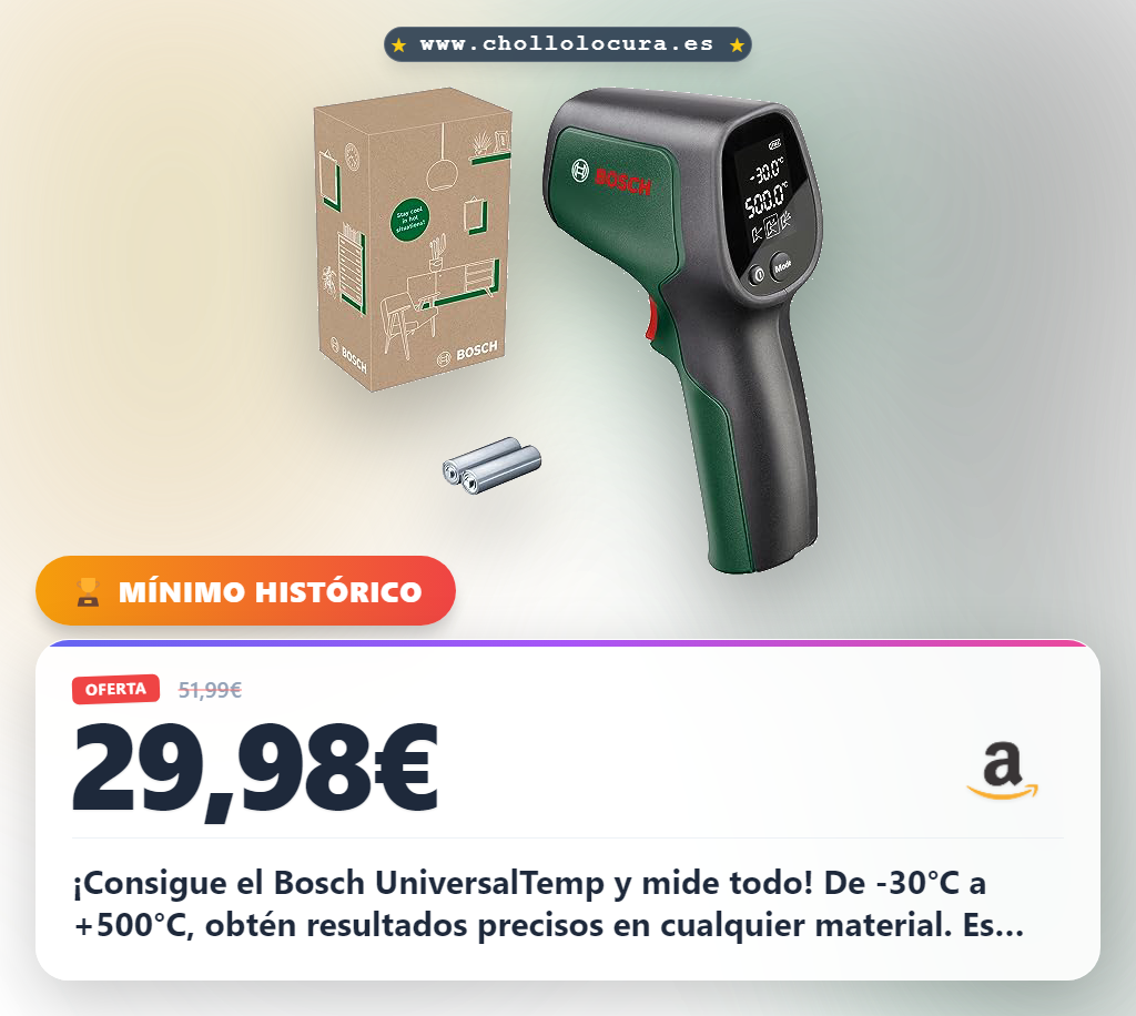 Encuentra el termómetro infrarrojo Bosch UniversalTemp con medición precisa de -30°C a +500°C al mejor precio.