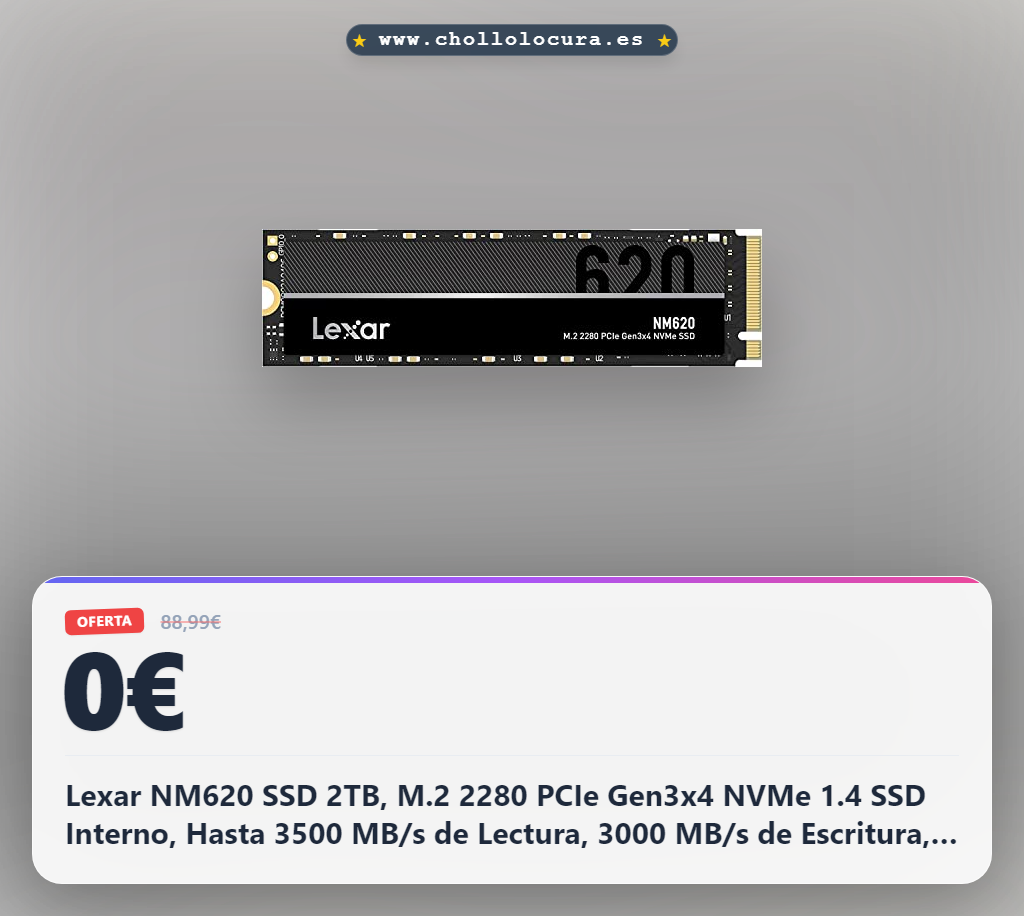 Lexar NM620 SSD 2TB, M.2 2280 PCIe Gen3x4 NVMe 1.4 SSD Interno, Hasta 3500 MB/s de Lectura, 3000 MB/s de Escritura, Unidad de Estado Sólido para Jugadores y Entusiastas de PC (LNM620X002T-RNNNG)