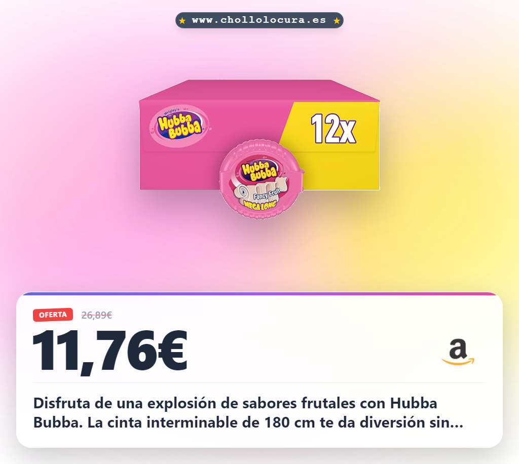 Descubre la explosión de sabores afrutados del chicle Hubba Bubba en cinta pack 12u en oferta histórica