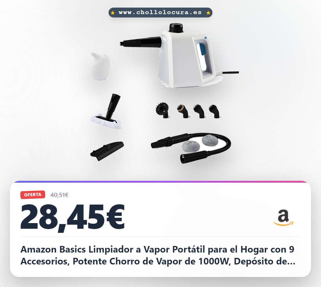 Amazon Basics Limpiador a Vapor Portátil para el Hogar con 9 Accesorios, Potente Chorro de Vapor de 1000W, Depósito de 250ml, Blanco