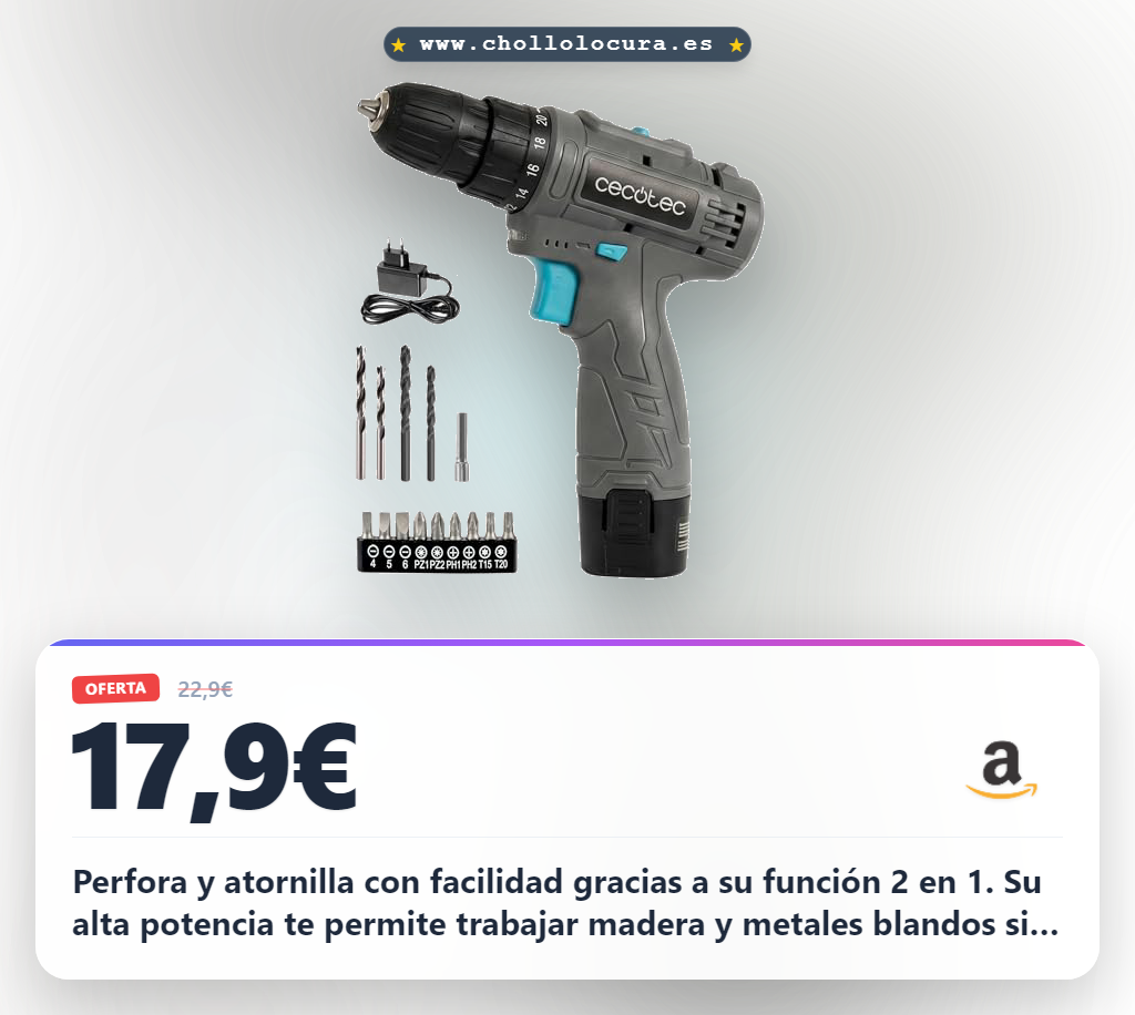 Consigue el taladro a batería Cecotec PowerForce 1000 2 en 1 con 28Nm y luz LED.