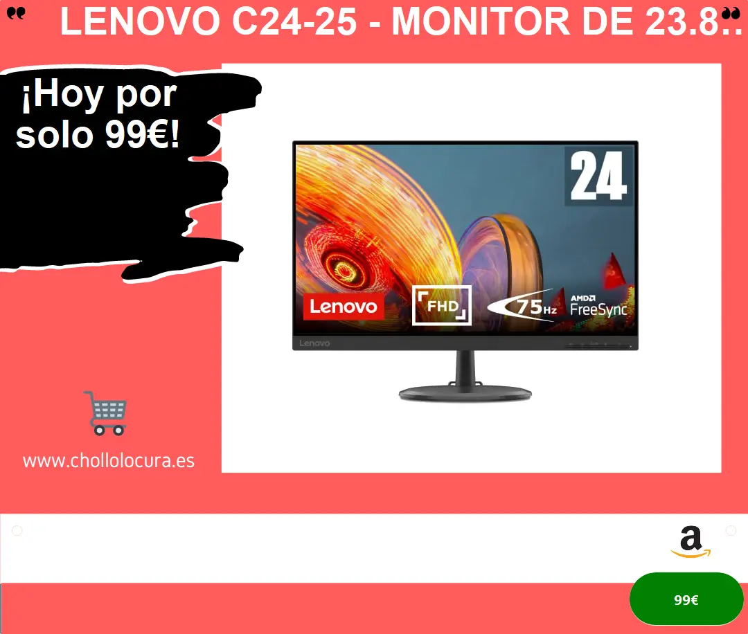 Lenovo C24-25 - Monitor de 23.8" FullHD (1920x1080 pixeles, 16:9, 75 Hz, 4 ms, Cable VGA + HDMI, 3 lados, sin bordes) Color Negro