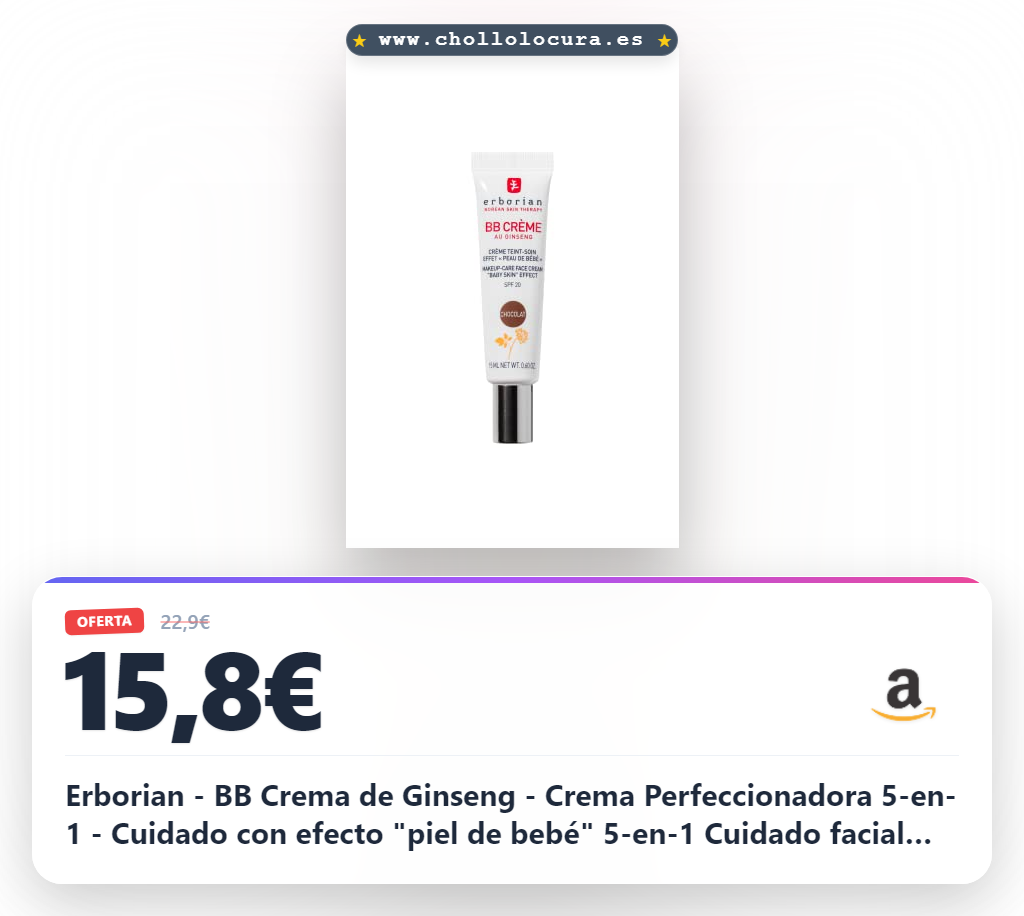 Erborian - BB Crema de Ginseng - Crema Perfeccionadora 5-en-1 - Cuidado con efecto "piel de bebé" 5-en-1 Cuidado facial con SPF 20 - Cosmético Coreano - Chocolate 15 ml