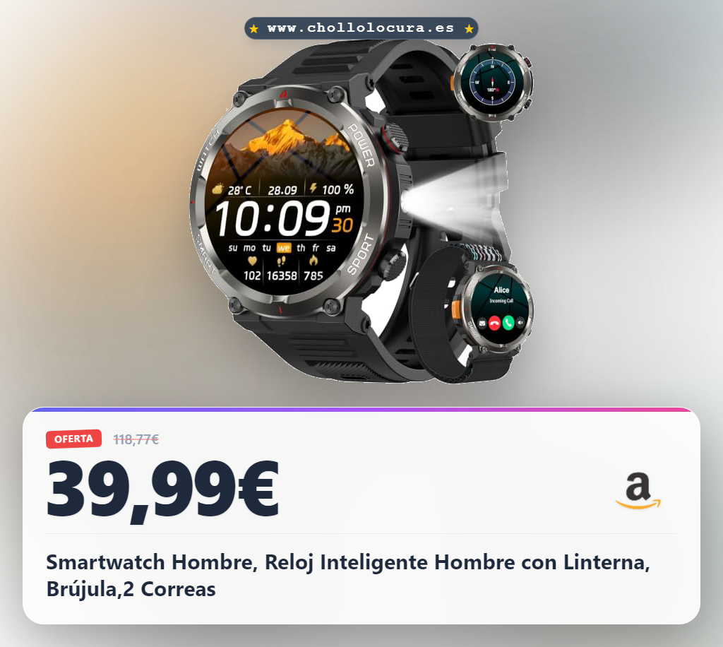 Smartwatch Hombre, Reloj Inteligente Hombre con Linterna, Brújula,2 Correas