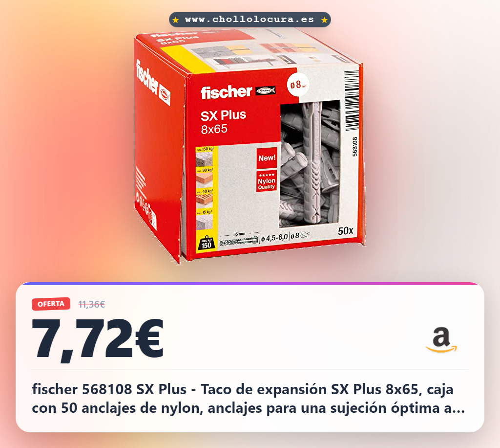 fischer 568108 SX Plus - Taco de expansión SX Plus 8x65, caja con 50 anclajes de nylon, anclajes para una sujeción óptima al fijar en hormigón, ladrillo macizo, ladrillo (Caja 50 unidades)