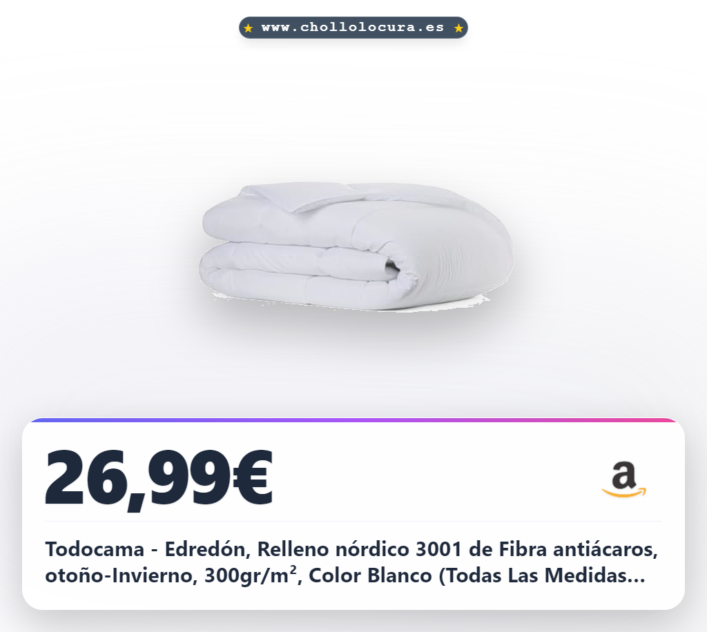 Todocama - Edredón, Relleno nórdico 3001 de Fibra antiácaros, otoño-Invierno, 300gr/m², Color Blanco (Todas Las Medidas Disponibles). (Cama 105/120-180x220 cm)