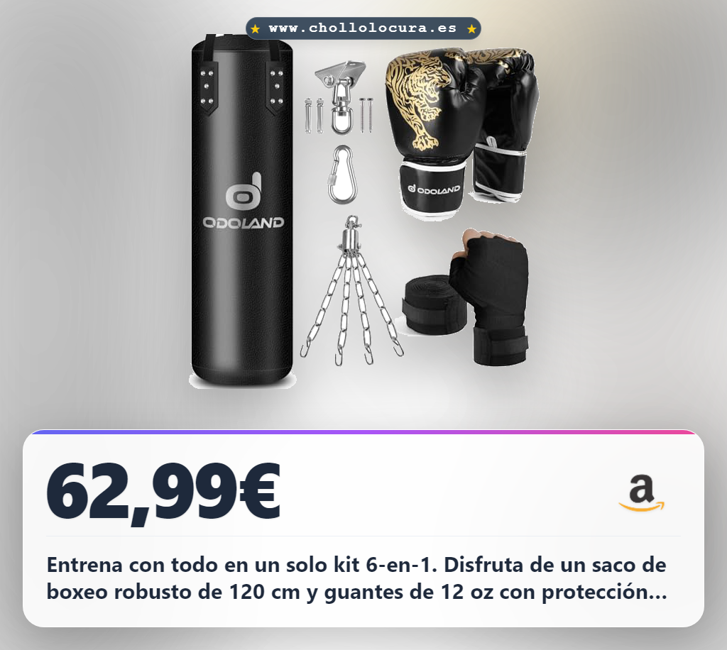 Aprovecha el kit de boxeo 6-en-1 con saco de 120 cm y guantes de 12 oz para kickboxing y MMA.