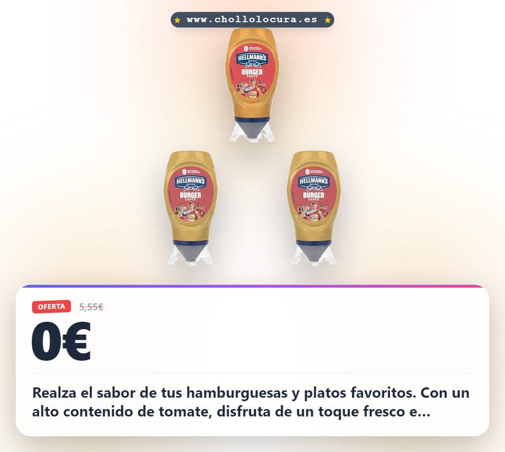 Aprovecha esta salsa Burger Hellmann'S en oferta. Paquete de 3 para maridar con hamburguesas y disfrutar de un sabor espectacular.