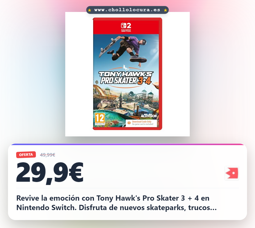 Aprovecha Tony Hawk's Pro Skater 3 + 4 en Nintendo Switch: skateparks y trucos al mejor precio de chollo