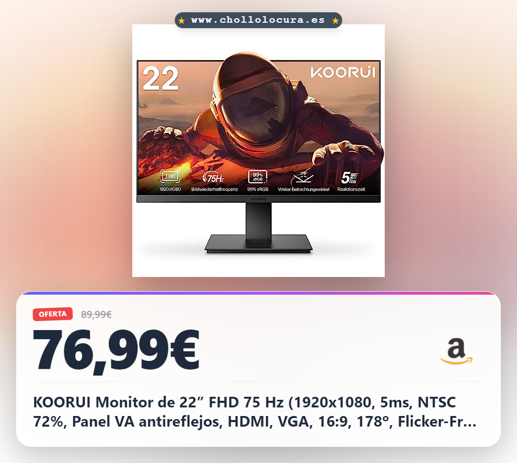 KOORUI Monitor de 22” FHD 75 Hz (1920x1080, 5ms, NTSC 72%, Panel VA antireflejos, HDMI, VGA, 16:9, 178º, Flicker-Free, Low Blue Light, 3 Lados sin Bordes, 250cd/m², 3000:1, sRGB 98%), Negro