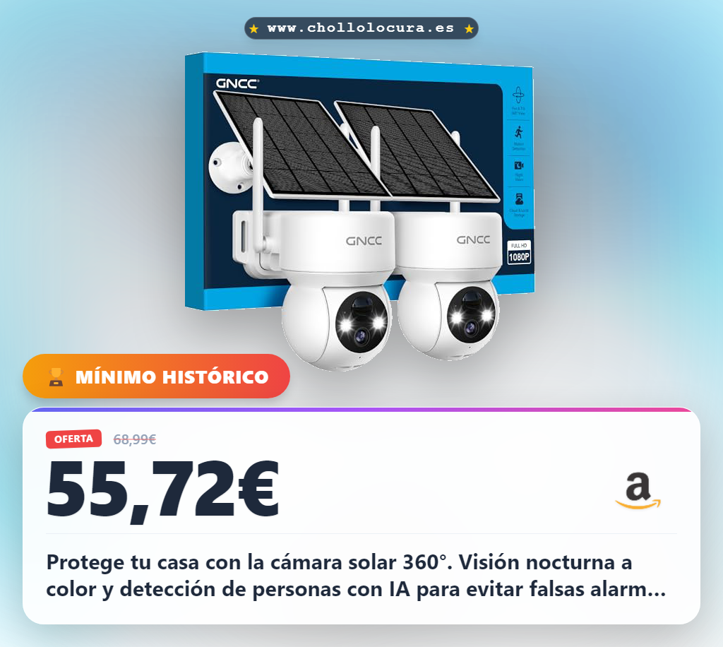 Consigue cámara solar 360° WiFi exterior con visión nocturna IA y alarma bidireccional al mejor precio
