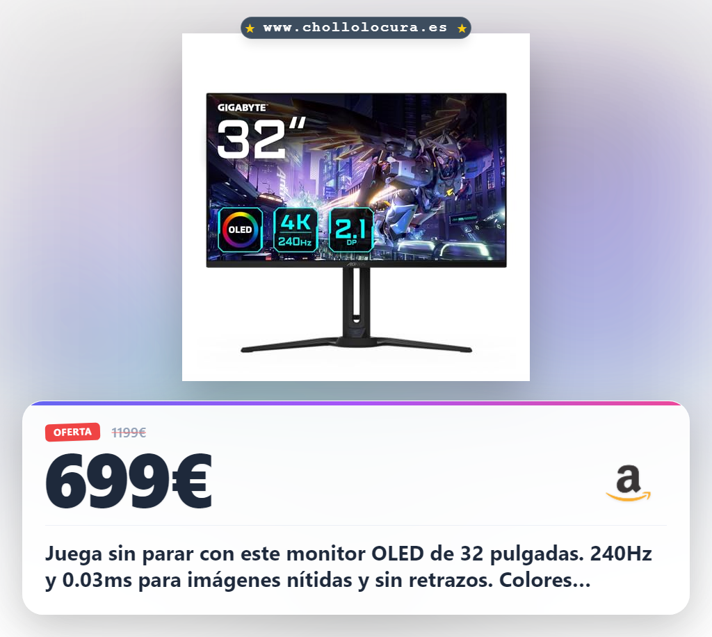 GIGABYTE Monitor de Juegos OLED AORUS FO32U2P de 32” - 3840 x 2160 (UHD), 240Hz, 0.03ms, 250 CD/m², KVM, FreeSync Premium Pro, DisplayHDR True Black 400, DisplayPort 2.1