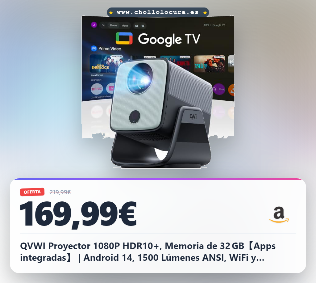 QVWI Proyector 1080P HDR10+, Memoria de 32 GB【Apps integradas】 | Android 14, 1500 Lúmenes ANSI, WiFi y Bluetooth, Altavoz de 10 W, Enfoque Automático / Corrección Trapezoidal Automática